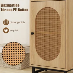 Nachttisch Rattan mit Tür & Schublade Boho Beistelltisch mit verstellbaren Regal 40 x 30 x 91cm Natur