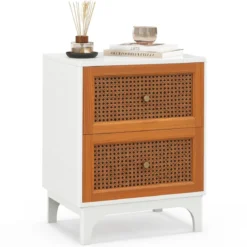 Nachttisch Rattan Nachtschrank mit 2 Schubladen Beistelltisch mit Massivholzbeinen 46 x 33 x 59,5 cm Weiß + Braun