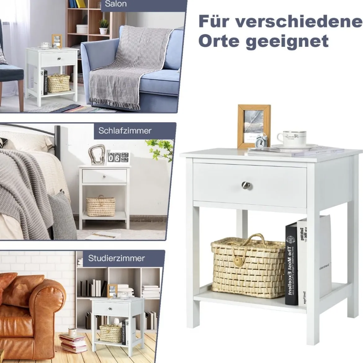 Nachttisch 2-Stufige Nachtkommode Moderner Nachtschrank mit Schublade Weiß