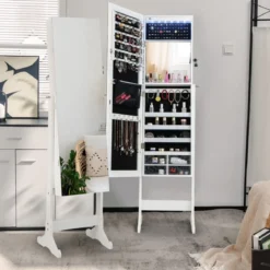 Neigungsverstellbarer Schmuckschrank mit ganzkörperspiegel & LED-Leuchten Weiß