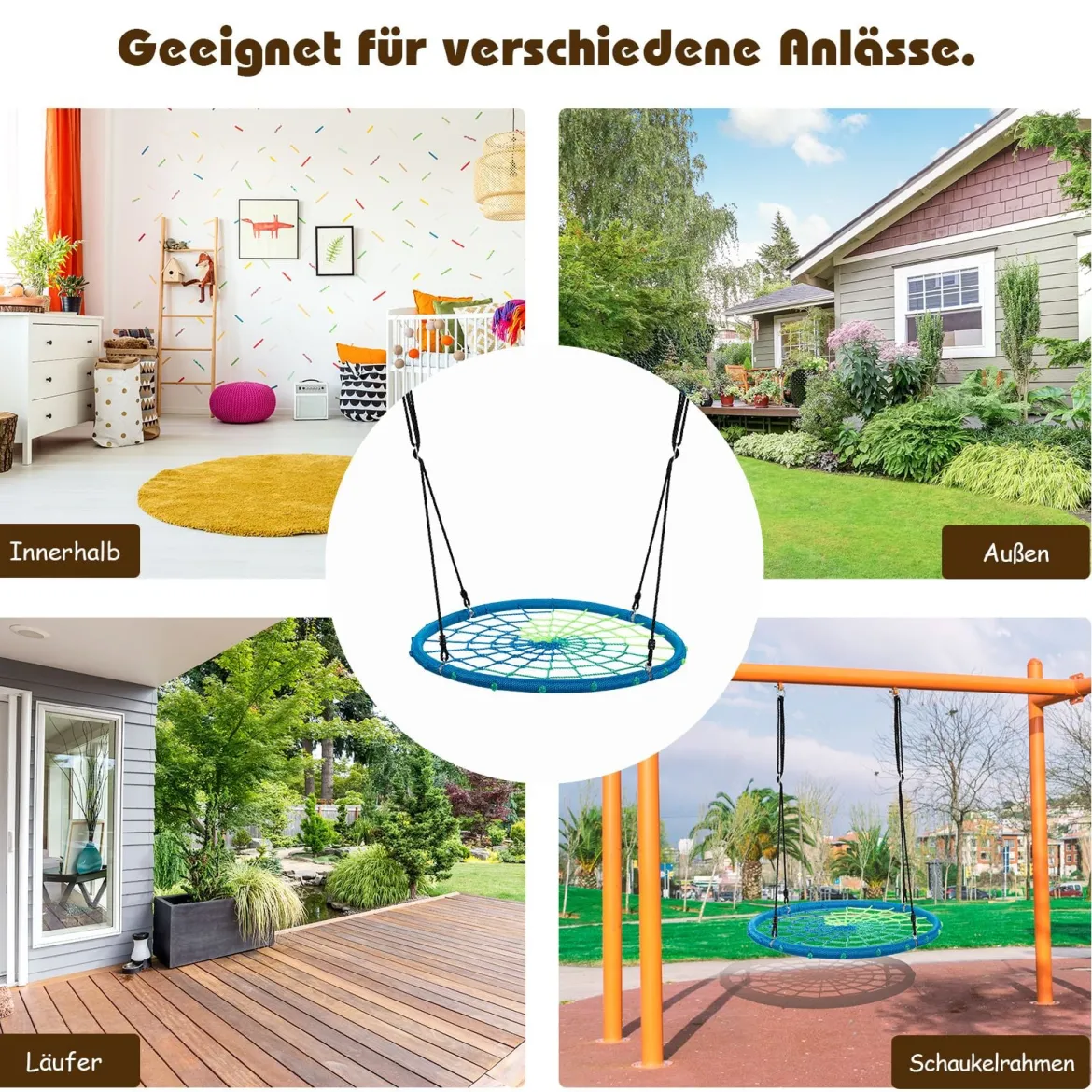 Nestschaukel Ø100cm Spinnennetz Kinderschaukel Rundschaukel 100-160cm Seil Baumschaukel Blau