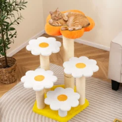 Niedlicher Blumen-Kratzbaum für Innenkatzen Katzenbaum mit Kuschel-Plüschoberfläche Sisal-Kratzpfosten Gelb