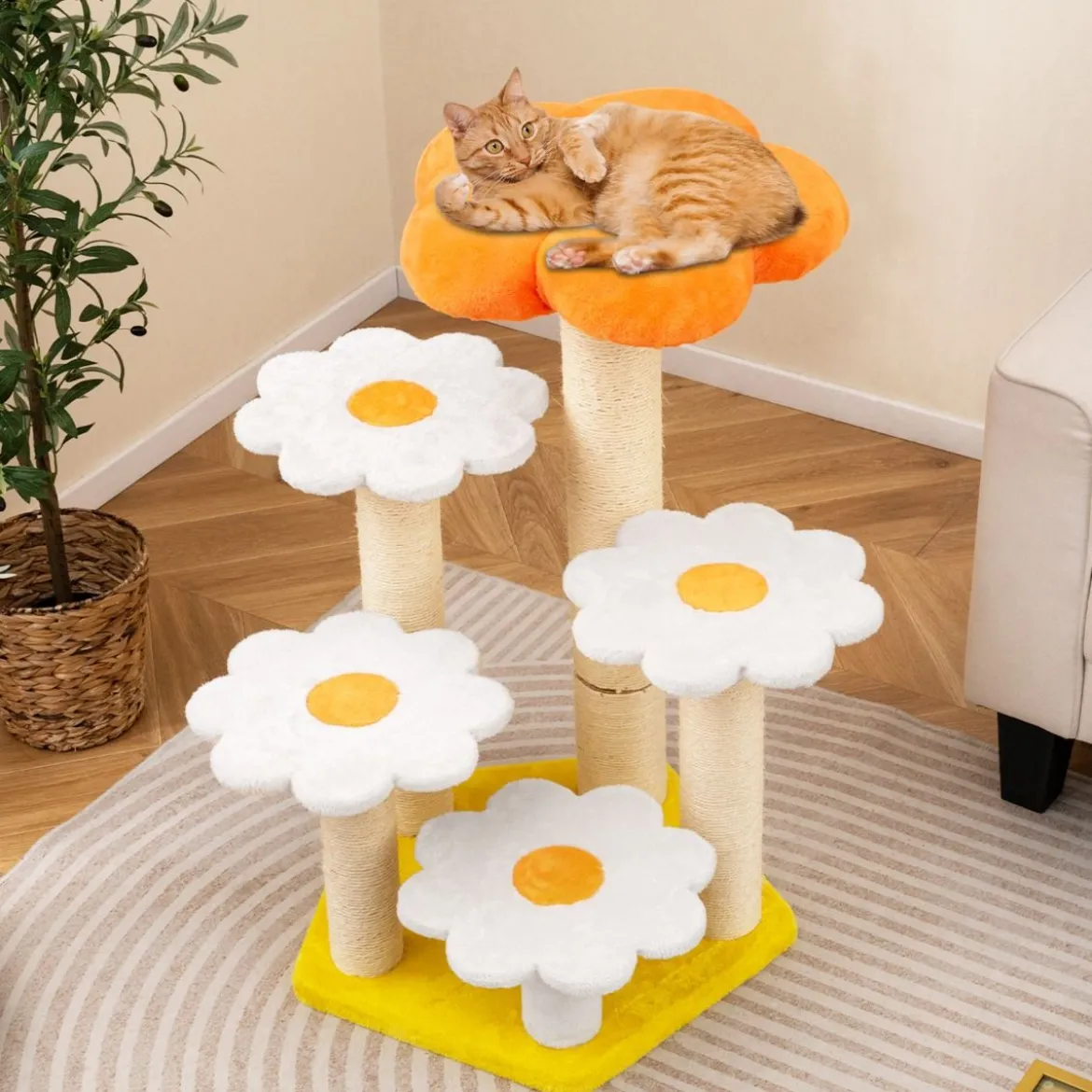 Niedlicher Blumen-Kratzbaum für Innenkatzen Katzenbaum mit Kuschel-Plüschoberfläche Sisal-Kratzpfosten Gelb