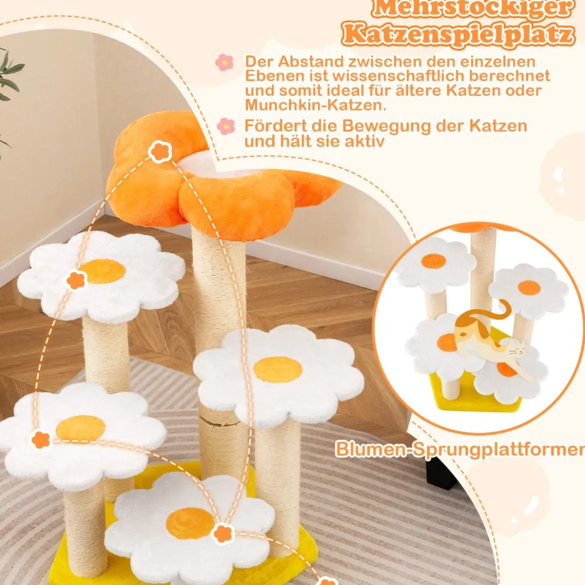 Niedlicher Blumen-Kratzbaum für Innenkatzen Katzenbaum mit Kuschel-Plüschoberfläche Sisal-Kratzpfosten Gelb