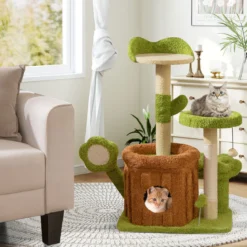 Niedlicher Katzenbaum für erwachsene Katzen mehrstufiger Kletterturm mit Stammhaus Grün