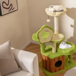 Niedlicher Katzenbaum für erwachsene Katzen mehrstöckiger Katzenturm mit Baumstamm-Kondo Grün