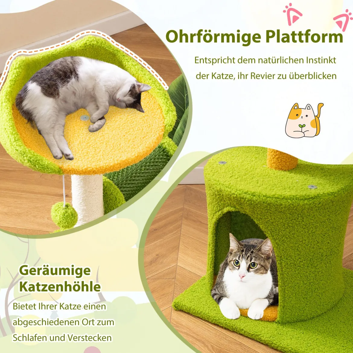 Niedlicher Kletterbaum für Hauskatzen kleiner Katzenbaum mit künstlichen Blättern Höhle Plattform Grün