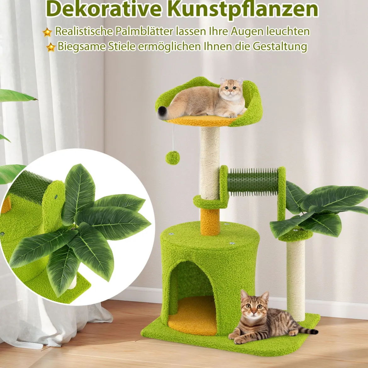 Niedlicher Kletterbaum für Hauskatzen kleiner Katzenbaum mit künstlichen Blättern Höhle Plattform Grün