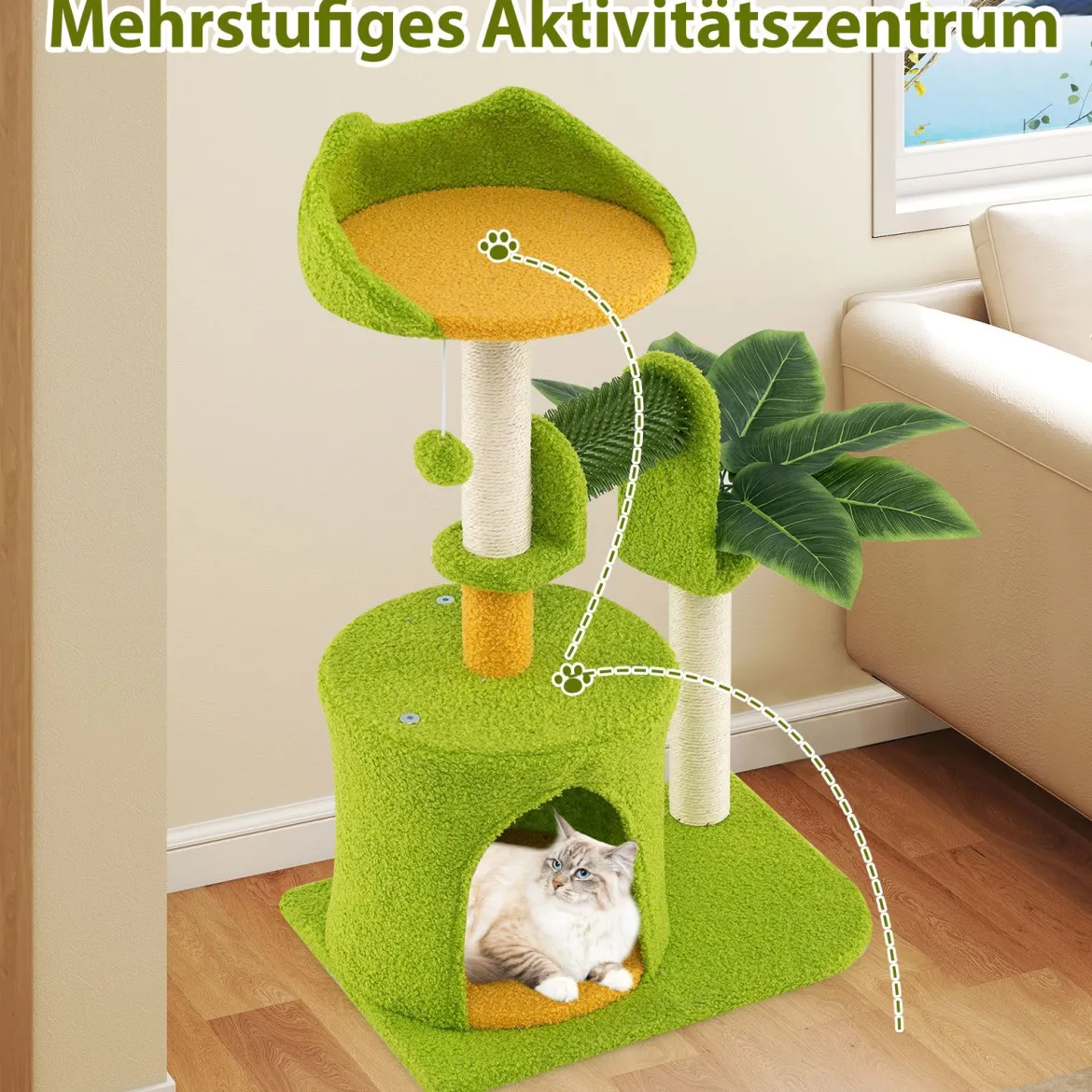 Niedlicher Kletterbaum für Hauskatzen kleiner Katzenbaum mit künstlichen Blättern Höhle Plattform Grün