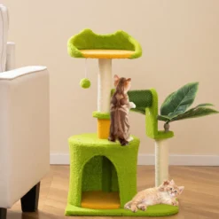 Niedlicher Kletterbaum für Hauskatzen kleiner Katzenbaum mit künstlichen Blättern Höhle Plattform Grün