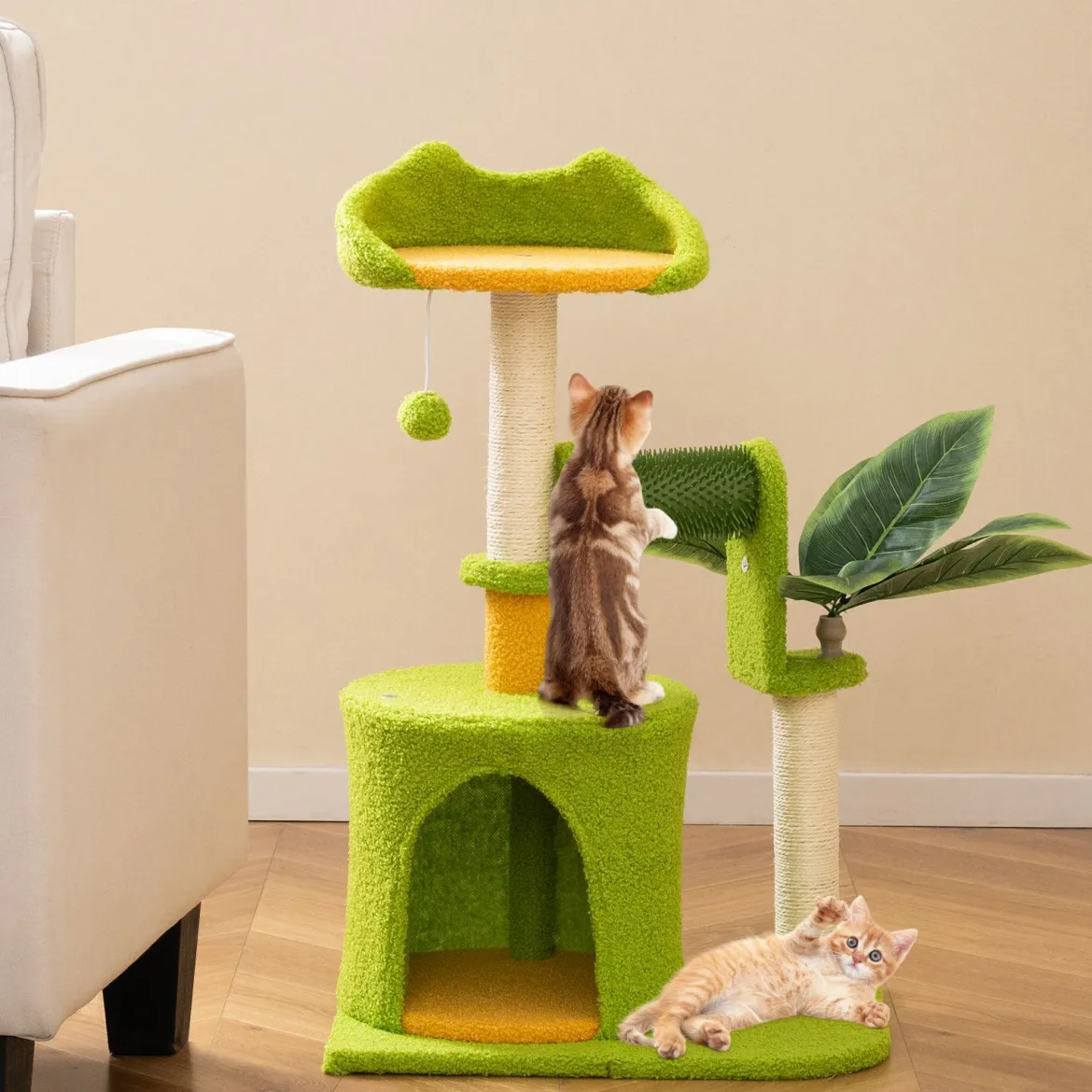 Niedlicher Kletterbaum für Hauskatzen kleiner Katzenbaum mit künstlichen Blättern Höhle Plattform Grün