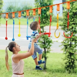 Ninja-Hindernis-Set für Kinder Slackline mit 7 Hindernissen verstellbaren Schnallen Baumschutz 100kg Tragkraft