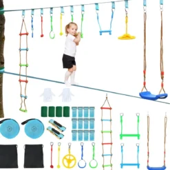 Ninja-Warrior-Set für Kinder 15M Kinder Slackline hängende 9 Hindernisse verstellbaren Outdoor Bunt