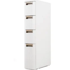 Nischenschrank Schmal mit Rollen & 4 Schubladen Badrollwagen 18 x 45,5 x 95,5 cm Beige