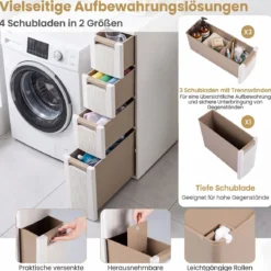 Nischenschrank Schmal mit Rollen & 4 Schubladen Badrollwagen 18 x 45,5 x 95,5 cm Beige