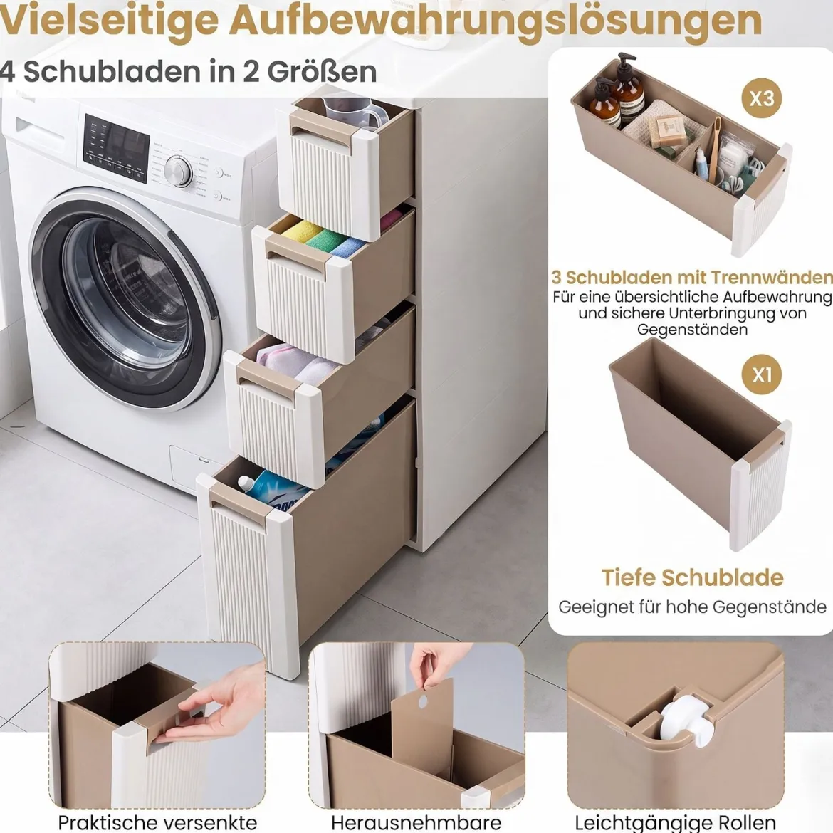 Nischenschrank Schmal mit Rollen & 4 Schubladen Badrollwagen 18 x 45,5 x 95,5 cm Beige