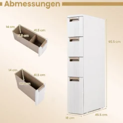 Nischenschrank Schmal mit Rollen & 4 Schubladen Badrollwagen 18 x 45,5 x 95,5 cm Beige