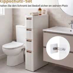 Nischenschrank Schmal mit Rollen & 4 Schubladen Badrollwagen 18 x 45,5 x 95,5 cm Beige