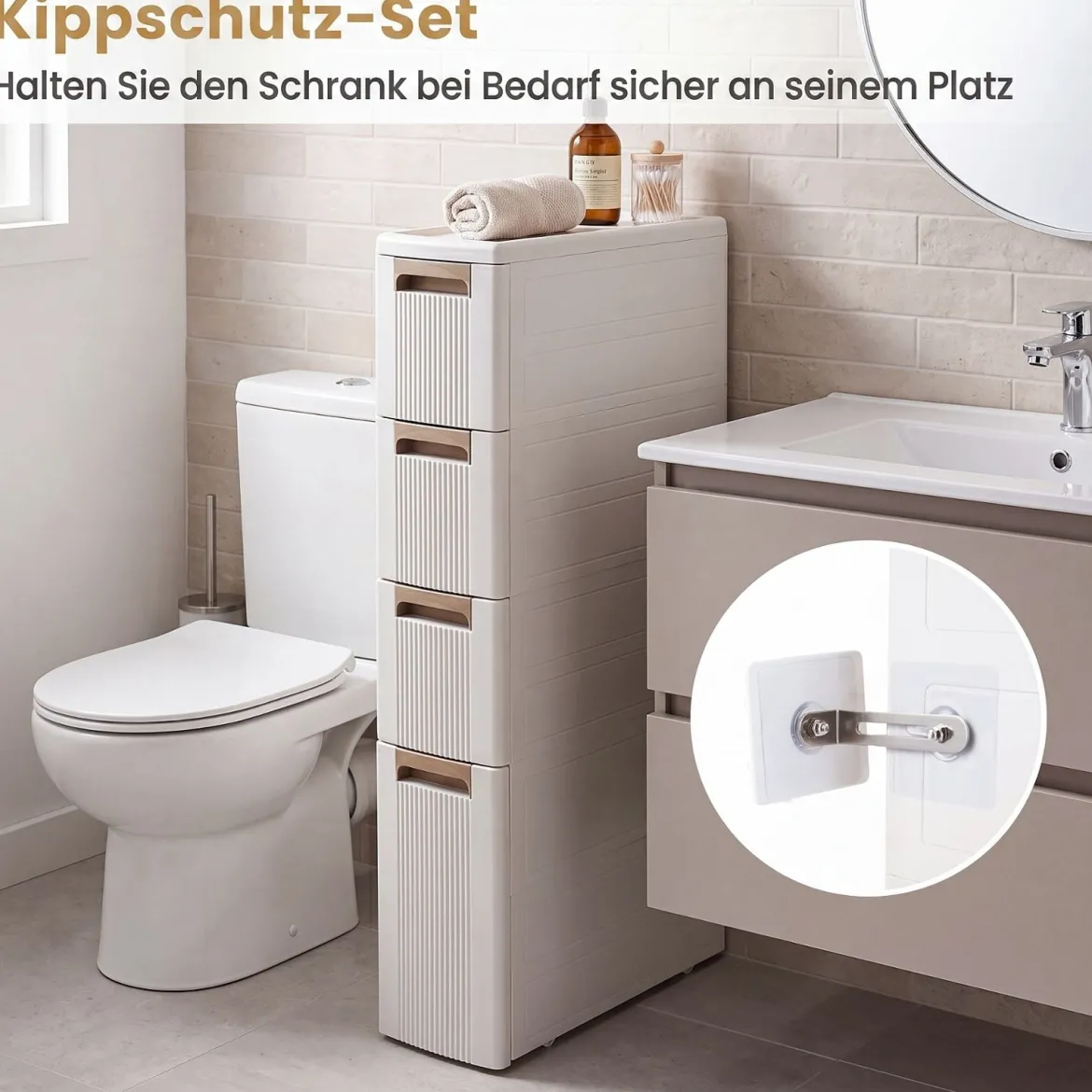 Nischenschrank Schmal mit Rollen & 4 Schubladen Badrollwagen 18 x 45,5 x 95,5 cm Beige