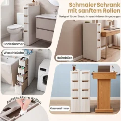 Nischenschrank Schmal mit Rollen & 4 Schubladen Badrollwagen 18 x 45,5 x 95,5 cm Beige