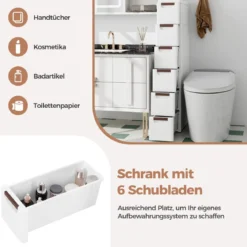 Nischenschrank schmal mit Rollen Nischenregal 20cm breit Nischenwagen mit 4 Schubladen Weiß (6 Schubladen)