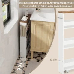 Nischenwagen 13cm breit 4 Etagen Küchenwagen schmal Nischenregal auf Rollen 48 x 13 x 81 cm Braun+Weiß