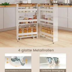 Nischenwagen 13cm breit 4 Etagen Küchenwagen schmal Nischenregal auf Rollen 48 x 13 x 81 cm Braun+Weiß