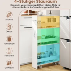 Nischenwagen 13cm breit 4 Etagen Küchenwagen schmal mit Ladestation Nischenregal auf Rollen Weiß