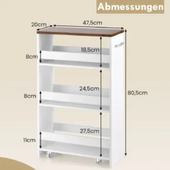 Nischenwagen 20cm breit 4 Etagen Küchenwagen schmal Nischenregal auf Rollen 47,5 x 20 x 80,5 cm