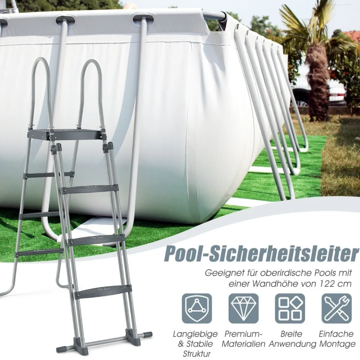 Oberirdische Poolleiter in A Rahmen mit Abnehmbaren Stufen für 122 cm Wandhöhe Silber