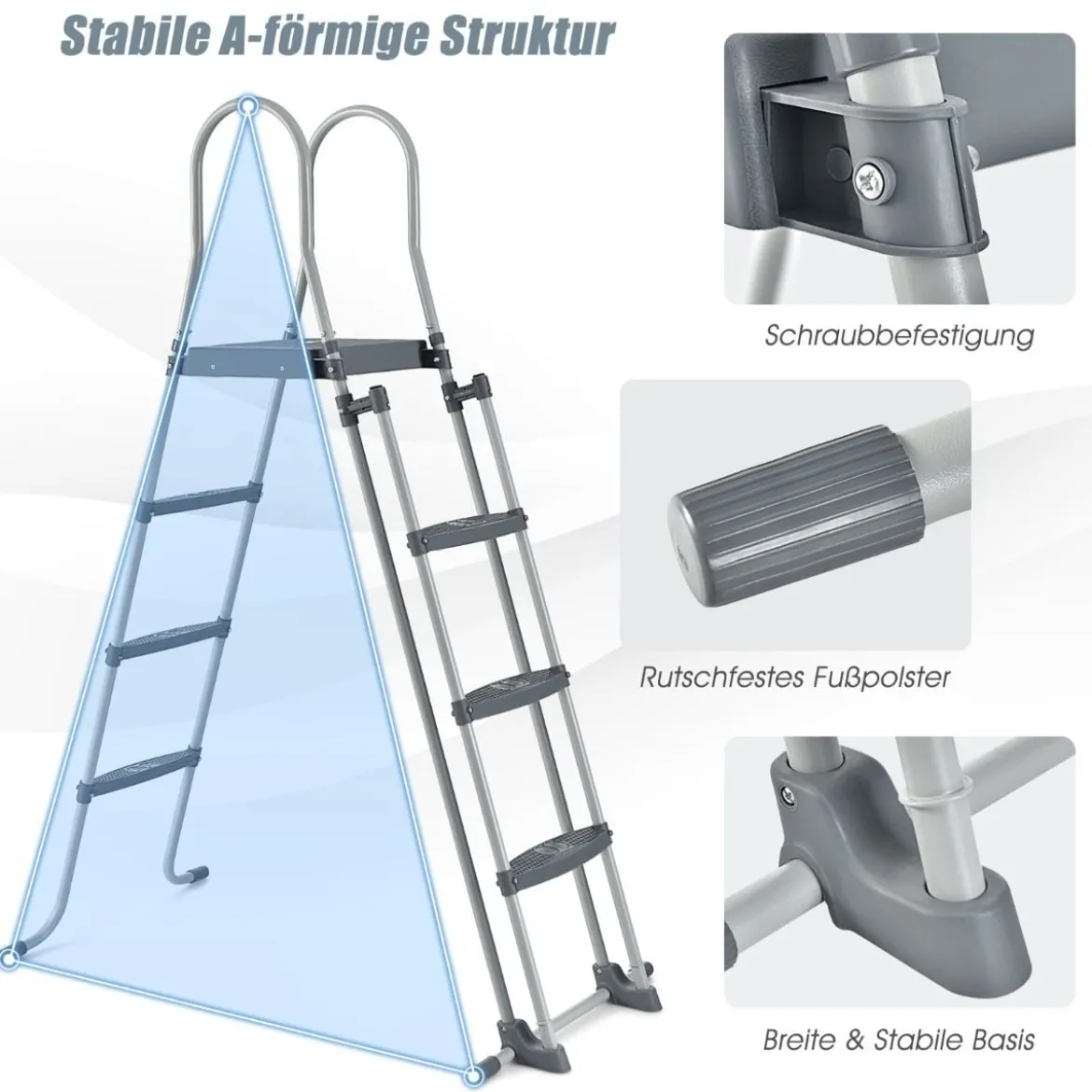 Oberirdische Poolleiter in A Rahmen mit Abnehmbaren Stufen für 122 cm Wandhöhe Silber