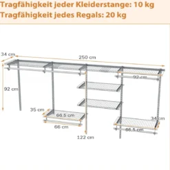 Offener Kleiderschrank 122 - 244 cm Erweiterbare Wandgarderobe DIY Aufbewahrungssystem Weiß/Grau