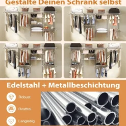 Offener Kleiderschrank 122 - 244 cm Erweiterbare Wandgarderobe DIY Aufbewahrungssystem Weiß/Grau