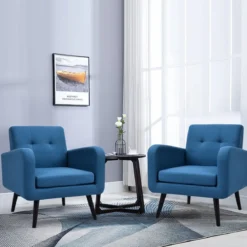 Ohrensessel mit Armlehnen & Beinen aus Massivem Gummiholz Lesesessel Fernsehsessel Blau
