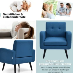 Ohrensessel mit Armlehnen & Beinen aus Massivem Gummiholz Lesesessel Fernsehsessel Blau
