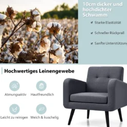 Ohrensessel mit Armlehnen & Beinen aus Massivem Gummiholz Lesesessel Fernsehsessel Grau
