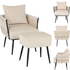 Ohrensessel mit Hocker Sessel mit weichem Kissen geflochtener Rückenlehne 58 cm Sitztiefe Weiß