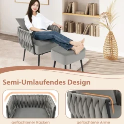 Ohrensessel mit Hocker Sessel mit weichem Kissen geflochtener Rückenlehne 58 cm Sitztiefe Grau
