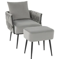 Ohrensessel mit Hocker Sessel mit weichem Kissen geflochtener Rückenlehne 58 cm Sitztiefe Grau