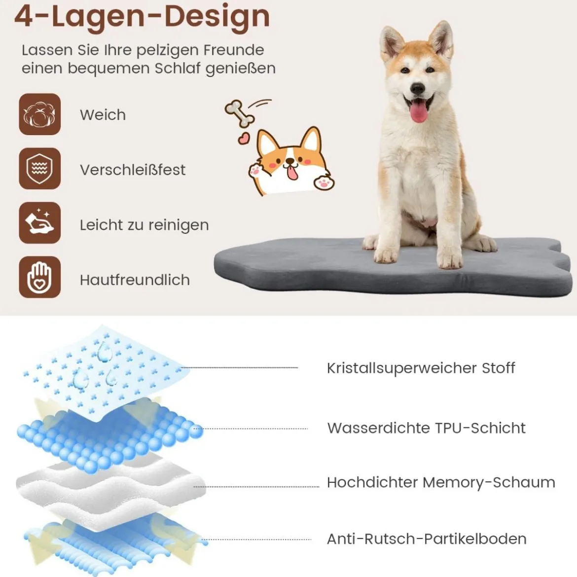 Orthopädisches Hundebett für große Hunde mit Memory-Schaum-Unterstützung & abnehmbarem Bezug Grau