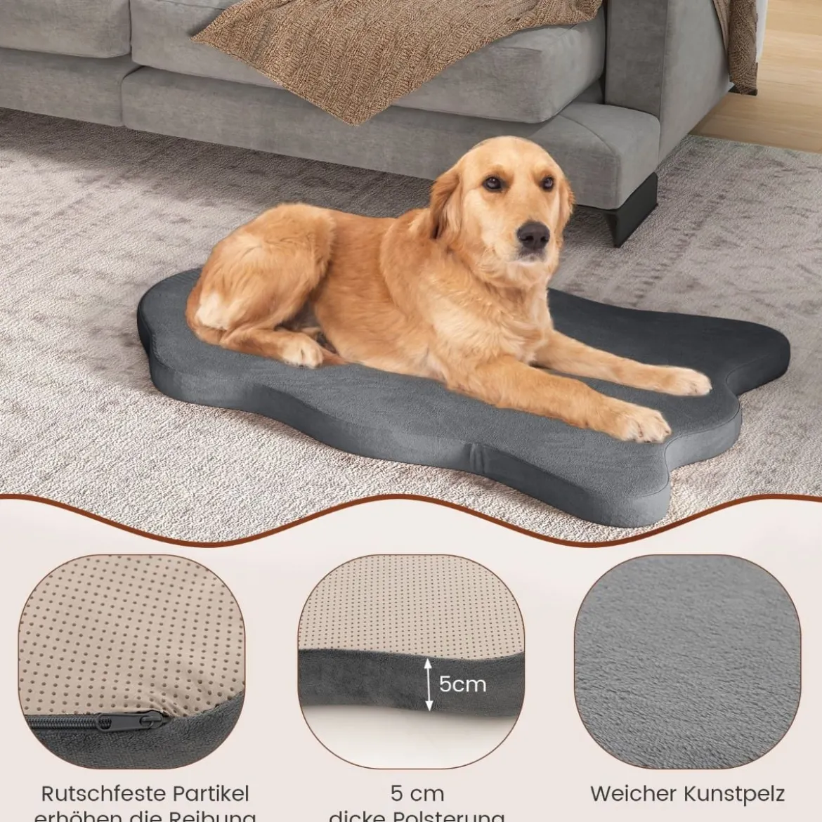 Orthopädisches Hundebett für große Hunde mit Memory-Schaum-Unterstützung & abnehmbarem Bezug Grau
