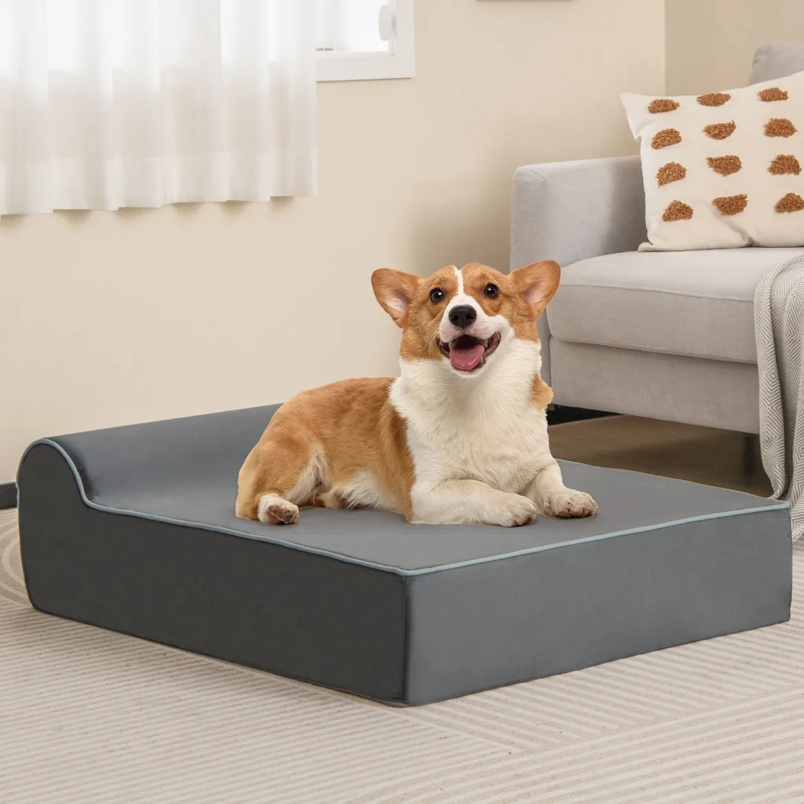 Orthopädisches Hundebett für große Hunde Memory-Schaum Haustierbett mit Kopfstütze Grau