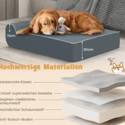 Orthopädisches Hundebett für große Hunde Memory-Schaum Haustierbett mit Kopfstütze Grau
