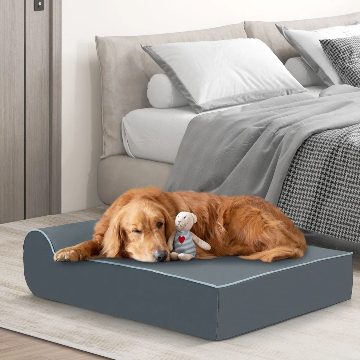 Orthopädisches Hundebett für große Hunde Memory-Schaum Haustierbett mit Kopfstütze Grau