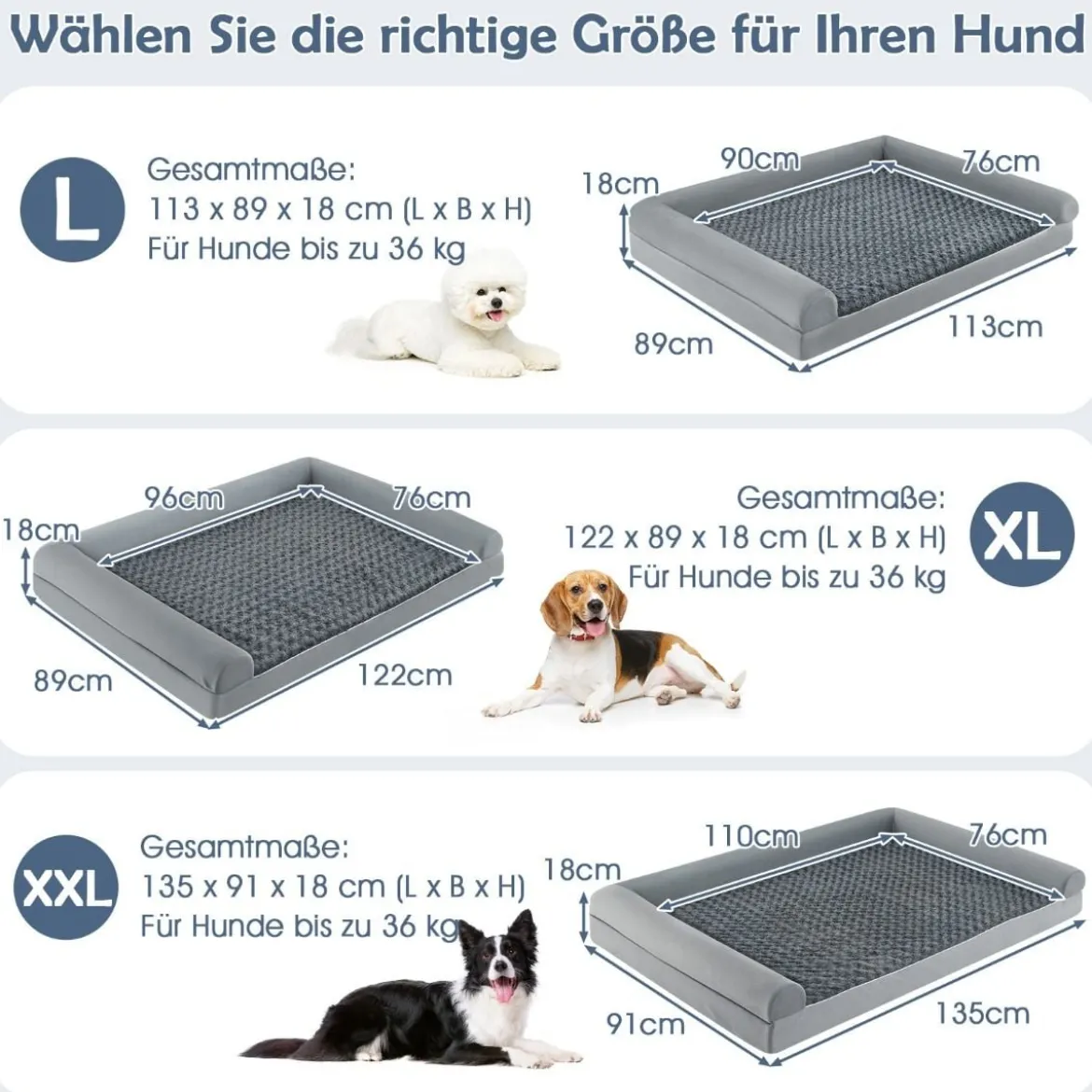 Orthopädisches Hundebett groß Hundesofa mit Hundekissen Hundecouch für große & Mittelgroße Hunde Grau
