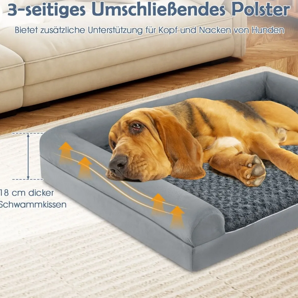 Orthopädisches Hundebett groß Hundesofa mit Hundekissen Hundecouch für große & Mittelgroße Hunde Grau