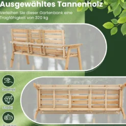 Outdoor-Bank aus Tannenholz mit klappbarem Mitteltisch Gartenbank für 2–3 Personen mit Rückenlehne & Armlehnen Natur