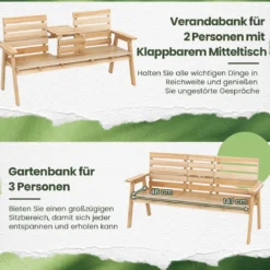 Outdoor-Bank aus Tannenholz mit klappbarem Mitteltisch Gartenbank für 2–3 Personen mit Rückenlehne & Armlehnen Natur