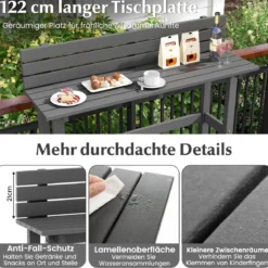 Outdoor Bartisch mit Ablage & Verstellbaren Fußpads Terrassen Hochtisch 122 x 39 x 136 cm Grau