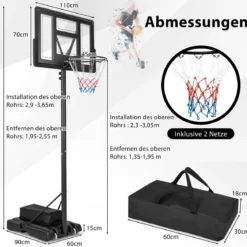 Outdoor Basketballkorb mit Ständer & Netze 135-305 cm Höhenverstellbarer Basketballständer